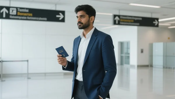 Vue d'un voyageur indien avec un passeport à la main, marchant dans le terminal moderne et lumineux d'un aéroport français, avec des panneaux de direction vers les portes d'embarquement en arrière-plan
