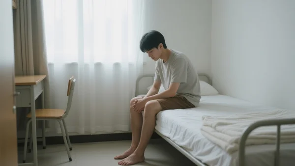 Jeune adulte de 20 ans assis au bord de son lit, mains croisées sur les genoux, regard baissé vers le sol, lumière douce filtrant par les rideaux d'une petite chambre étudiante, ambiance intime et mélancolique