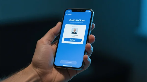 Gros plan d'un écran de smartphone affichant un formulaire de vérification d'identité avec un champ pour télécharger une pièce d'identité, tenu par une main dans une pièce sombre avec une lumière bleue froide