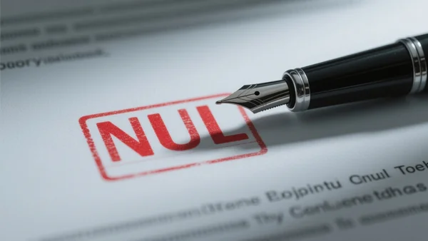Gros plan sur un stylo plume posé sur un contrat de travail papier, avec un tampon rouge 'NUL' apposé sur le document, éclairage de bureau froid