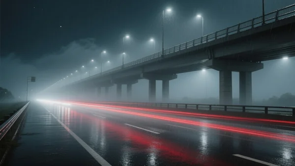 Pont routier moderne la nuit sous une pluie battante, lumières des phares de voiture reflétées sur le bitume humide, brouillard épais autour des piliers de béton