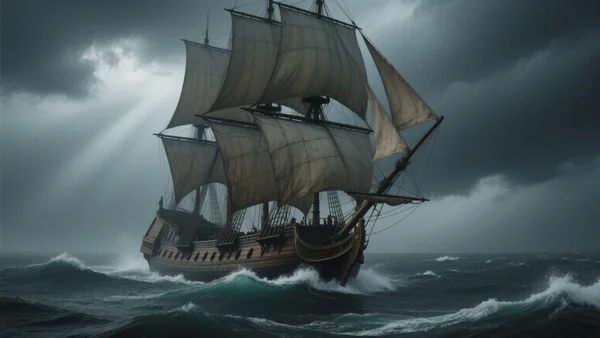 Navire négrier ancien au trois-mats voguant sur une mer sombre, voiles déployées sous un ciel lourd, silhouette menaçante et isolée