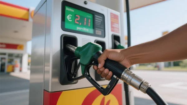 Pompe à essence avec affichage numérique indiquant le prix de 2,10 euros le litre, main d'un jeune conducteur tenant le pistolet de carburant