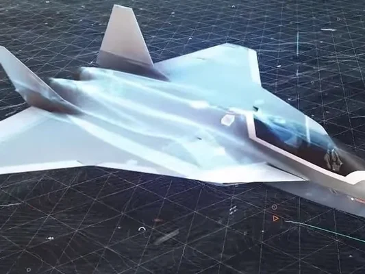 Vue d'un avion de chasse moderne au design angulaire sur un fond de grille technique numérique.