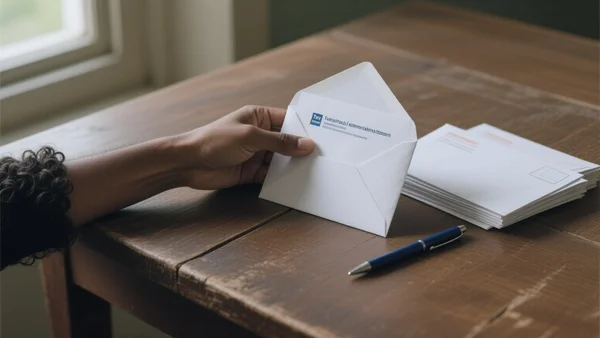 Main d'étudiant ouvrant une enveloppe officielle blanche avec en-tête de l'administration fiscale sur une table en bois, lumière naturelle d'avril, courrier et stylo à côté