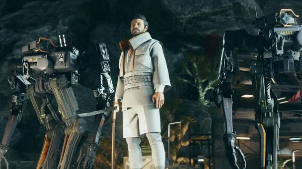 Deux robots de combat dans un décor industriel sombre, l'un visant une arme laser.