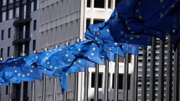 Drapeaux européens devant des bâtiments modernes lors d'une conférence.