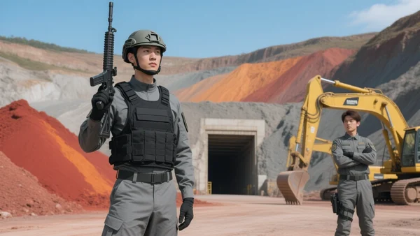 Soldats en uniforme tactique montant la garde devant l'entrée d'une mine industrielle à ciel ouvert, avec des excavatrices et des tas de minerai en arrière-plan, lumière du jour éclatante