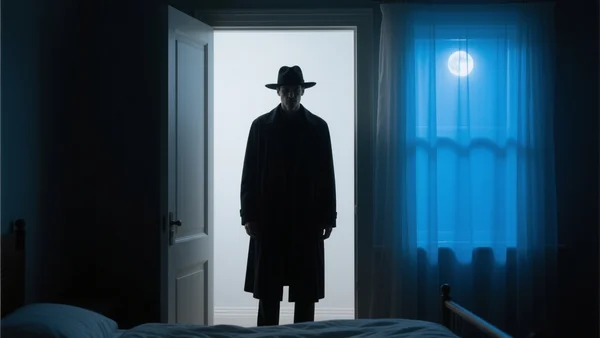 Silhouette sombre et opaque d'un homme portant un chapeau à larges bords et un long manteau, debout immobile dans l'encadrement d'une porte de chambre à coucher plongée dans la pénombre, lumière lunaire bleutée filtrant à travers des rideaux