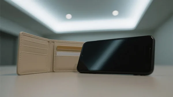 Vue en contre-plongée d'un smartphone posé sur une table, écran éteint, à côté d'un portefeuille ouvert vide, lumière froide d'intérieur