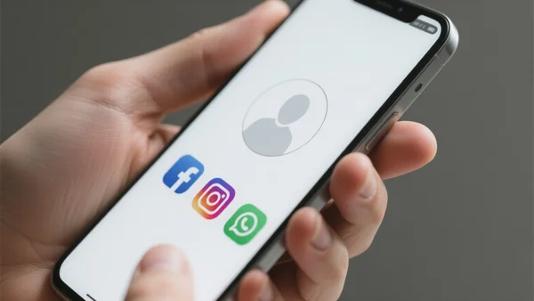 Vue rapprochée d'un smartphone tenu en main affichant un écran de connexion unique et moderne avec des icônes stylisées de Facebook, Instagram et WhatsApp regroupées autour d'un profil utilisateur central, lumière douce de studio