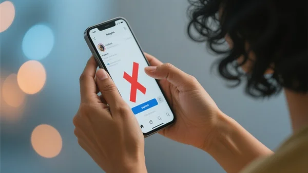 Vue en gros plan d'une main tenant un smartphone affichant une interface de réseau social avec un bouton de paiement barré en rouge, flou artistique en arrière-plan