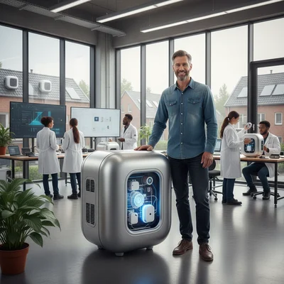 Homme en chemise de denim debout devant une machine argentée dans un laboratoire.