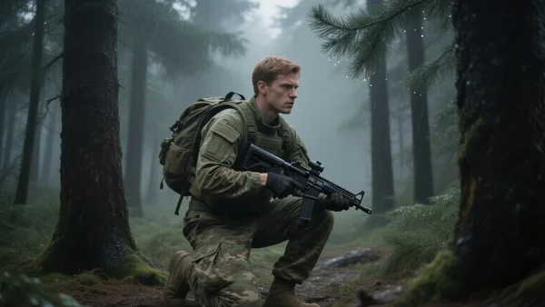 Soldat américain portant un sac de dos et une arme, progressant furtivement dans une forêt de conifères sombres sous la pluie