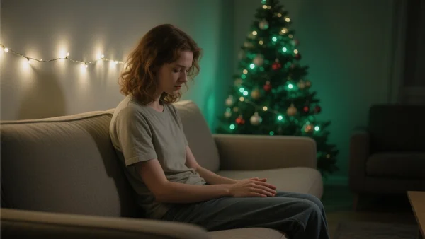 Jeune adulte assis seul sur un canapé dans un salon faiblement éclairé par une guirlande lumineuse, regard baissé vers ses mains, sapin de Noël flou en arrière-plan