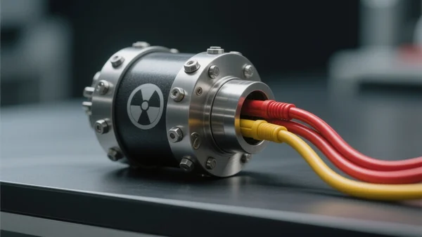 Cœur artificiel nucléaire au plutonium-238, vue rapprochée de l'enceinte métallique scellée et des câbles électriques sortant du boîtier