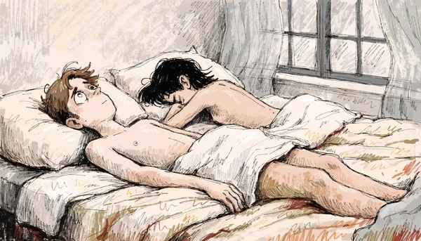 Couple nu allongé sur le dos dans un lit, se tournant le dos, l'homme regardant le plafond avec expression vide, la femme cachant son visage dans son bras, distance visible entre les deux corps, lumière grise de matin