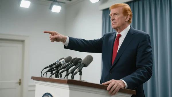 Donald Trump debout au pupitre dans la salle de presse de la Maison Blanche, pointant un doigt accusateur vers la caméra, microphones devant lui, éclairage intense des projecteurs