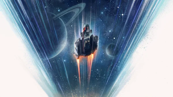 Escadrille de vaisseaux spatiaux survolant un champ d'astéroïdes dans l'espace.