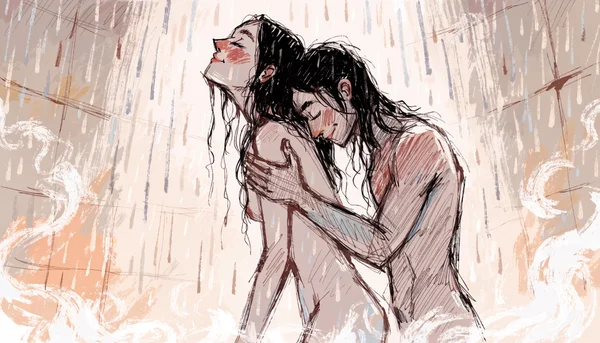 Homme et femme nus sous un jet de douche, l'homme lavant doucement le dos de la femme avec ses mains, vapeur d'eau autour d'eux