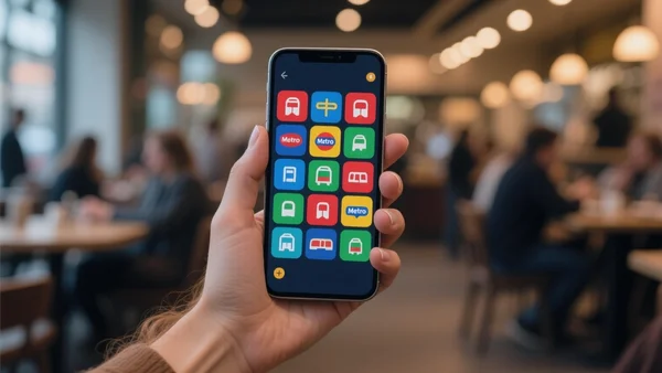 Vue en gros plan d'une main tenant un smartphone affichant une grille de jeu avec des icônes de métro colorées, fond flou de café animé