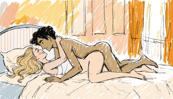 Deux personnes nues s'enlaçant passionnément sur un lit, corps étroitement pressés l'un contre l'autre