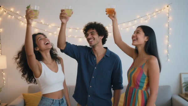 Groupe d'amis dans la vingtaine éclatant de rire et levant leurs verres en l'air lors d'une fête à la maison, guirlandes lumineuses en arrière-plan, ambiance festive et chaleureuse