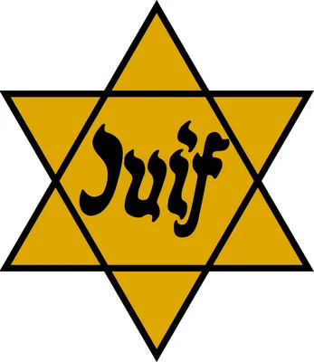 L'étoile jaune de l'Occupation, version française avec le mot 'Juif', utilisée pour marquer et ségréguer les juifs.