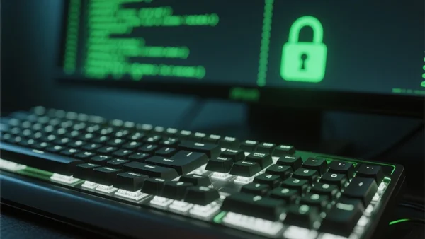 Gros plan sur un clavier d'ordinateur dans la pénombre, avec un écran en arrière-plan affichant des lignes de code informatique vert fluo et des symboles de cadenas, ambiance cyber-sécurité