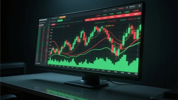 Écran d'ordinateur affichant une interface de paris prédictifs avec des courbes de prix, des ordres d'achat et de vente en temps réel, atmosphère sombre de pièce, reflets sur l'écran