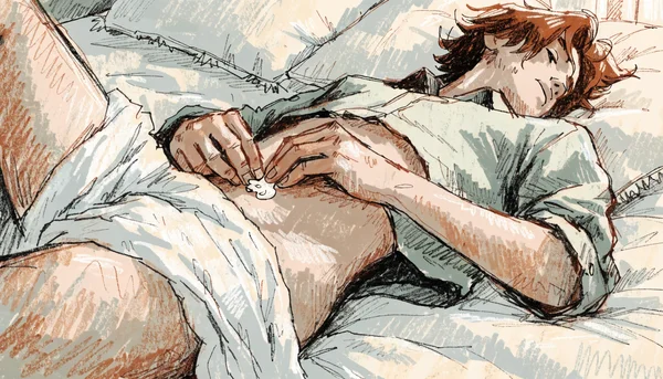 Mains appliquant une crème blanche sur un pénis non circoncis, vue rapprochée pédagogique montrant le massage doux de l'anneau préputial