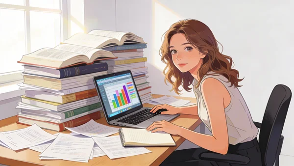 Bureau d'étudiant encombré avec une pile de livres ouverts, un ordinateur portable allumé affichant une interface numérique, et des notes de cours éparses, lumière naturelle de fenêtre