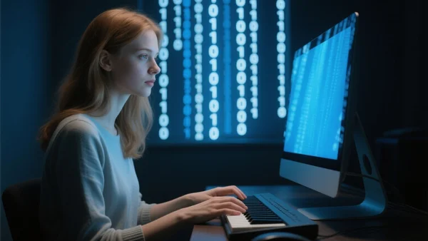 Personne assise dans l'obscurité face à un écran d'ordinateur brillant, la lumière bleue reflétée sur son visage, des flux de données binaires flous en arrière-plan