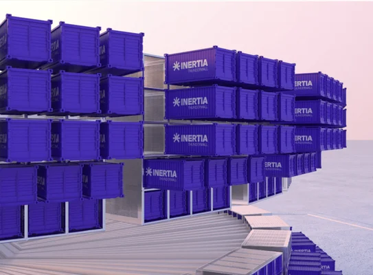 Une illustration conceptuelle d'Inertia Enterprises présentant la structure 'Thunderwall' composée de conteneurs violets.