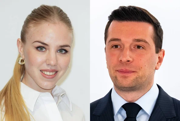 Un montage visuel présentant séparément Jordan Bardella en costume bleu nuit et la princesse Maria Carolina en chemise blanche.