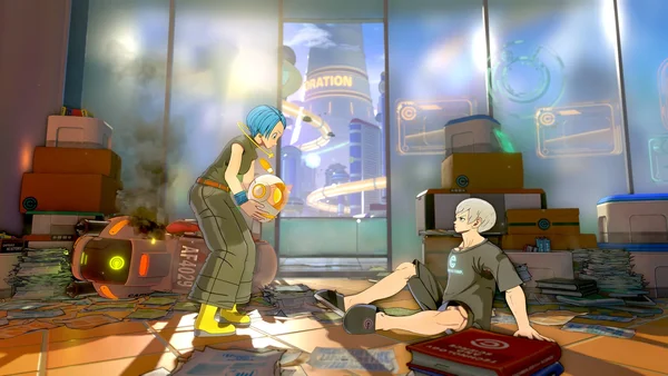 Concept art de Dragon Ball Xenoverse 3 illustrant deux personnages dans un environnement technologique.