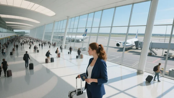 Vue en plongée d'un hall d'aéroport moderne bondé avec des centaines de passagers se déplaçant, grandes baies vitrées laissant entrer la lumière naturelle, avions visibles sur le tarmac au loin