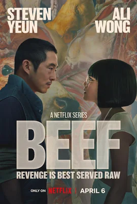 Affiche officielle de la série Netflix 'Beef' illustrant la tension entre les deux protagonistes.