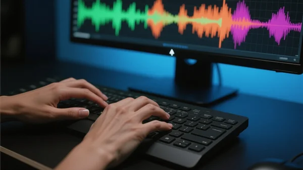 Vue en gros plan d'une main tapant rapidement sur un clavier d'ordinateur moderne, l'écran affiche une interface sombre avec des ondes sonores colorées et un curseur clignotant, lumière bleue de l'écran illuminant les doigts