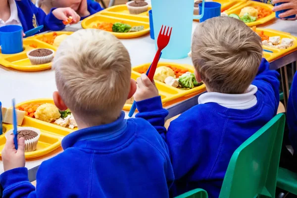 Deux enfants mangeant dans une cantine scolaire avec des plateaux remplis de légumes.
