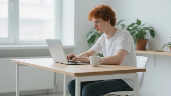Jeune diplômé assis devant un ordinateur portable dans un espace de travail lumineux, une tasse de café à côté, concentré sur son écran avec une ambiance studieuse et moderne