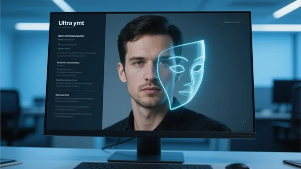 Gros plan sur un écran d'ordinateur affichant un CV numérique professionnel, avec un reflet numérique d'un masque anonyme superposé sur la photo du candidat, lumière bleue froide de bureau