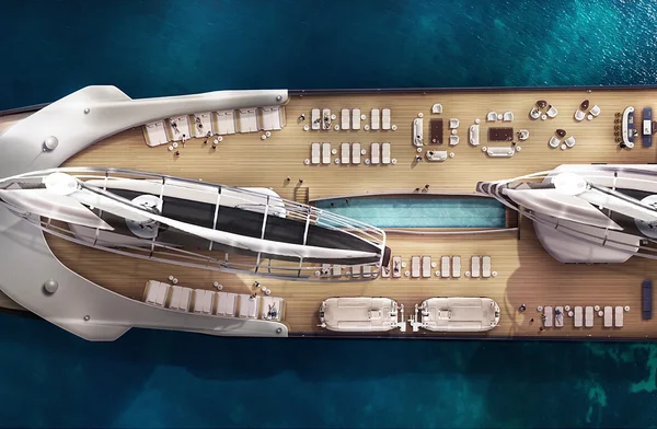 Vue aérienne conceptuelle des aménagements de luxe et de la piscine du voilier Orient Express.