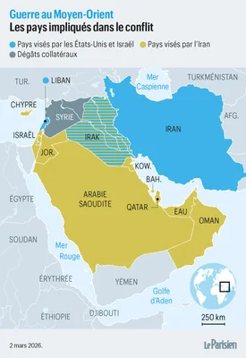 Carte des pays impliqués dans le conflit au Moyen-Orient.