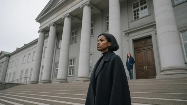 Façade imposante de la Cour suprême du Danemark à Copenhague sous un ciel gris, architecture classique en pierre grise avec colonnes, quelques personnes entrant dans le bâtiment