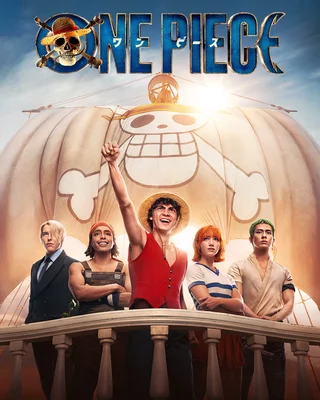 Affiche officielle du live-action One Piece avec l'équipage au Chapeau de Pueil sur le pont de leur navire.