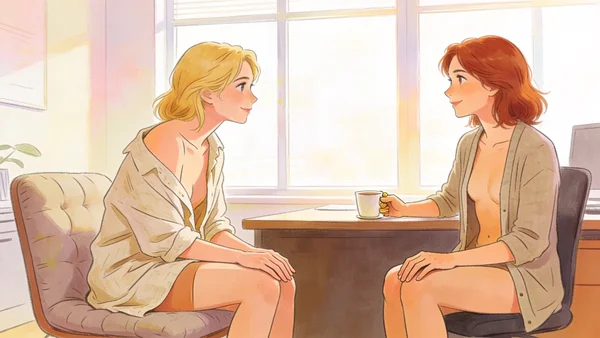 Jeune femme assise face à une conseillère en écoute dans un bureau lumineux, ambiance confidentielle et bienveillante