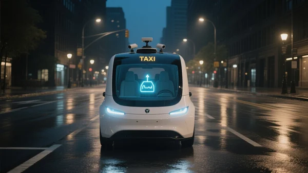 Robotaxi blanc sans conducteur arrêté au milieu d'une rue de ville la nuit, feux de position allumés, écran d'interface lumineux visible à travers le pare-brise, reflets humides sur l'asphalte