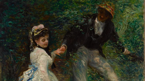 Un couple dansant dans un cadre naturel, œuvre présentée lors de l'exposition 'Renoir et l'amour' au Musée d'Orsay.