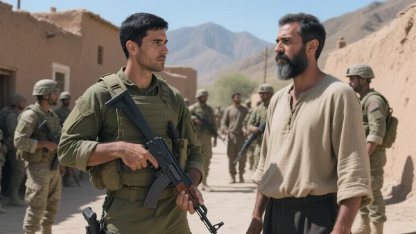 Groupe d'hommes en tenue civile discutant avec des soldats armés dans un village de montagne aux murs en terre séchée